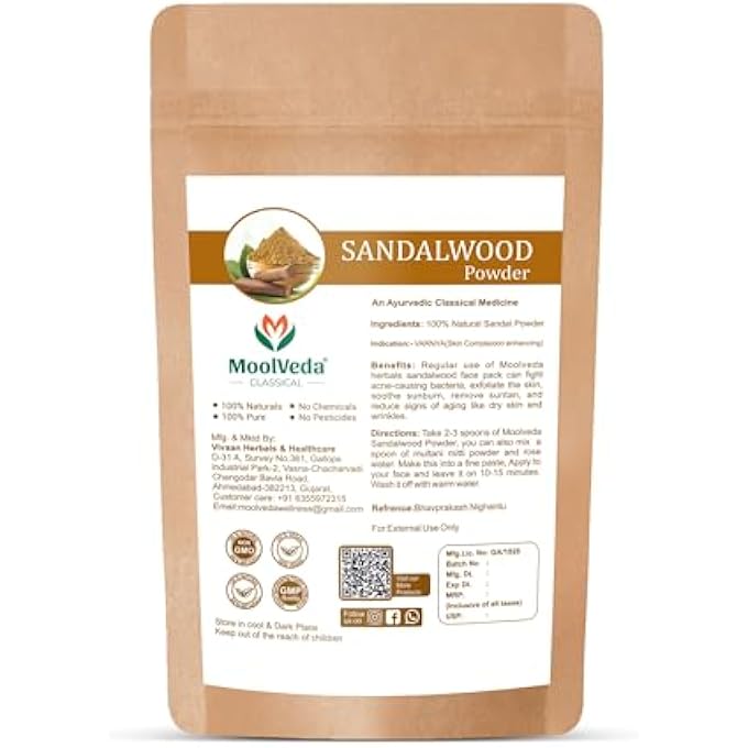 Moolveda مسحوق خشب الصندل النقي والأصلي (تشاندان) للوجه، البشرة، تبييض البشرة، قناع الوجه، حزمة الوجه والعناية بالبشرة، (100جم) - Image 2